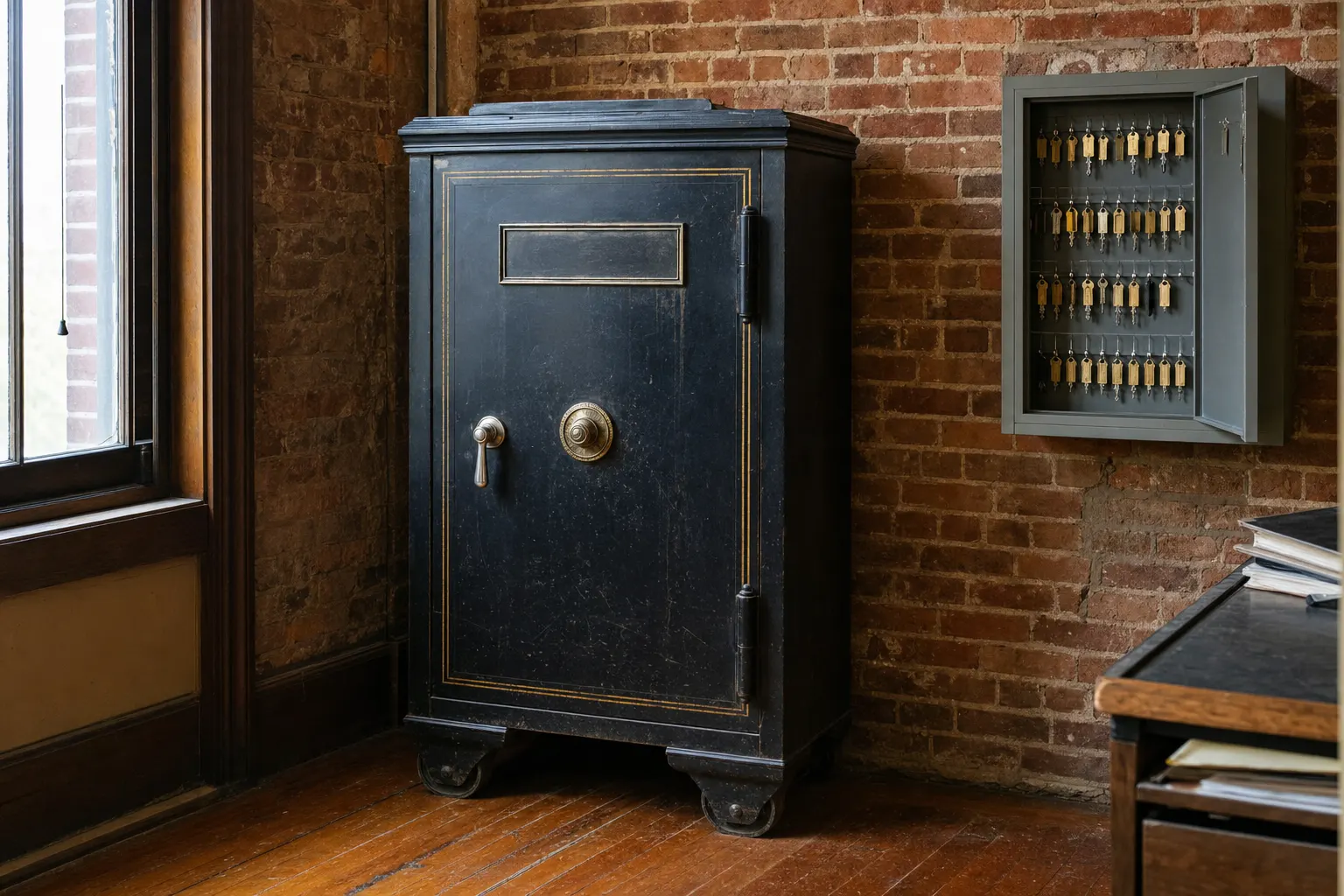 A black cast-iron antique safe with gold pinstriping and a brass dial against an exposed brick wall in a back office