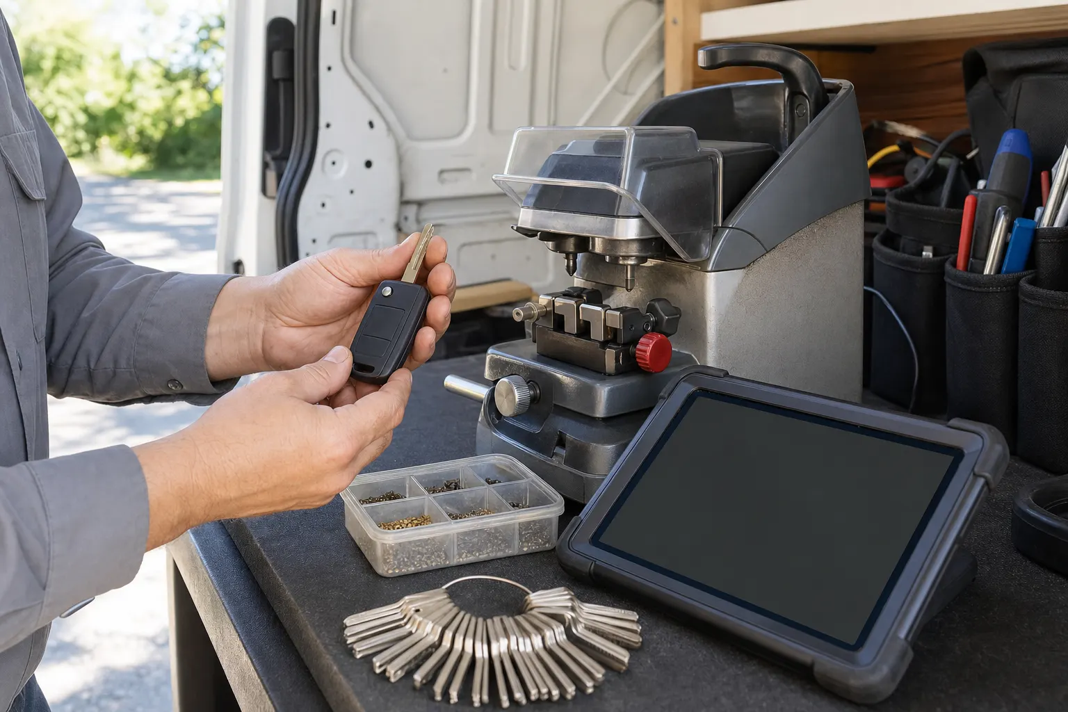 Hands holding a blank key fob beside a key-cutting machine and a diagnostic tablet in the open door of a work van