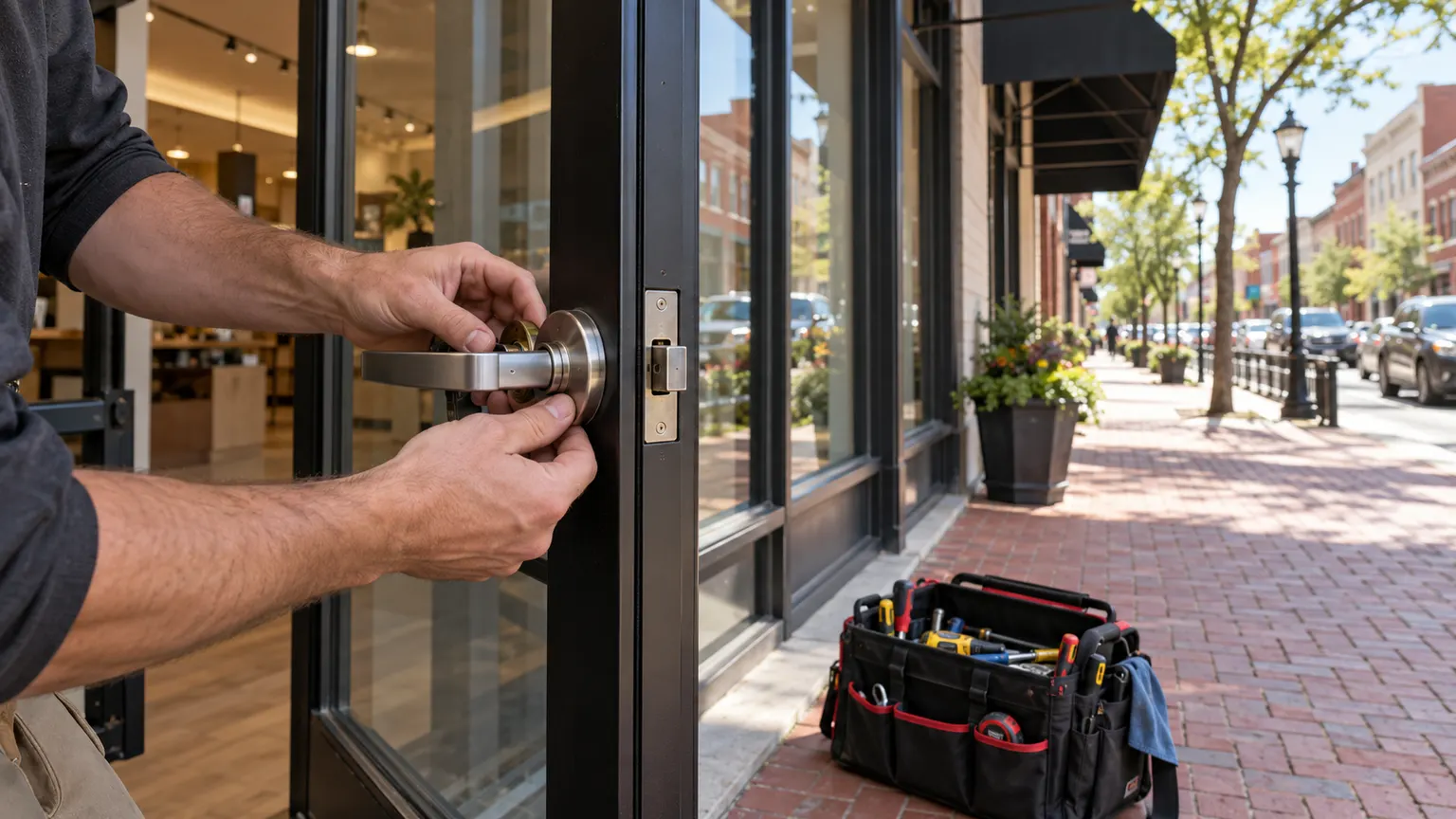 Hands fitting a new lever handle on a dark aluminum storefront door on a brick-sidewalk commercial block
