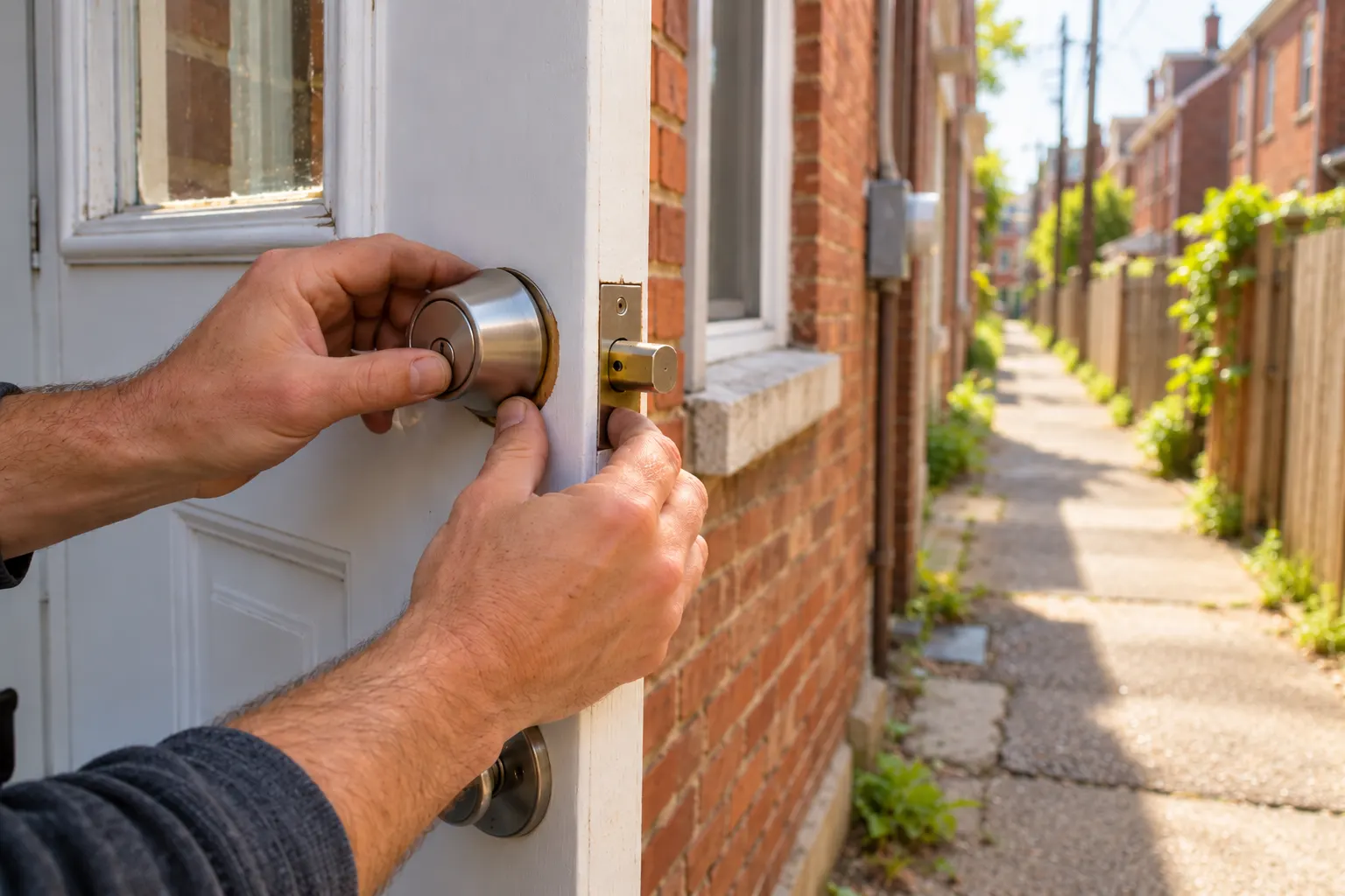 Hands seating a new satin-nickel deadbolt in a white rear door with a brick alley and wood fences behind