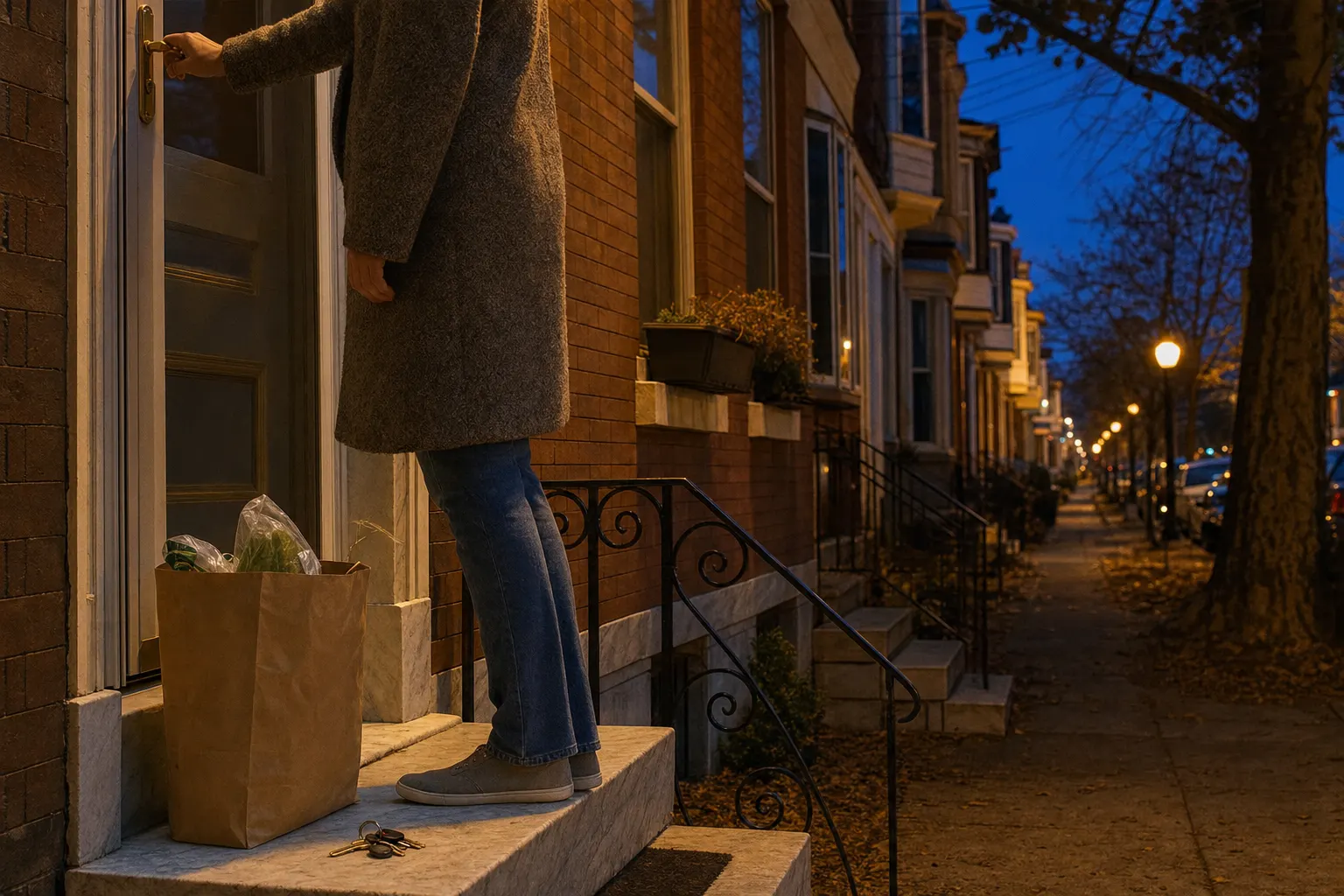 A person in a coat with a grocery bag on a rowhome stoop at dusk, hand on the storm door handle, keys on the step