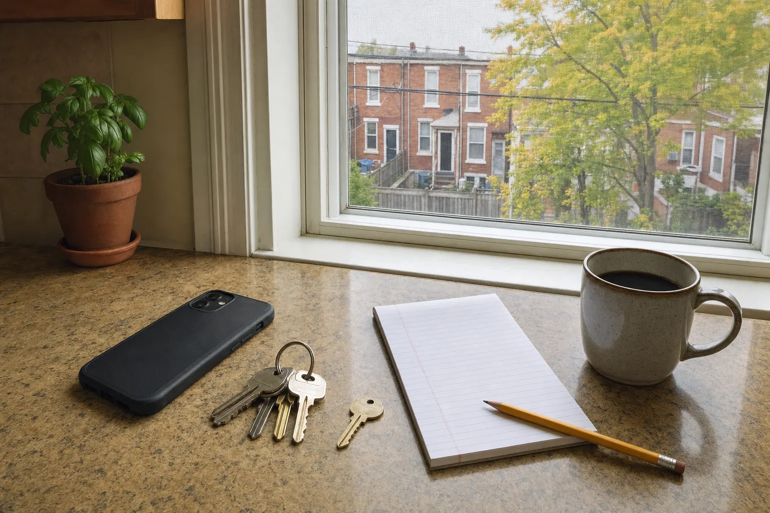A phone face down on a kitchen counter beside house keys, a blank notepad, a pencil and a mug, rowhome backs through the window