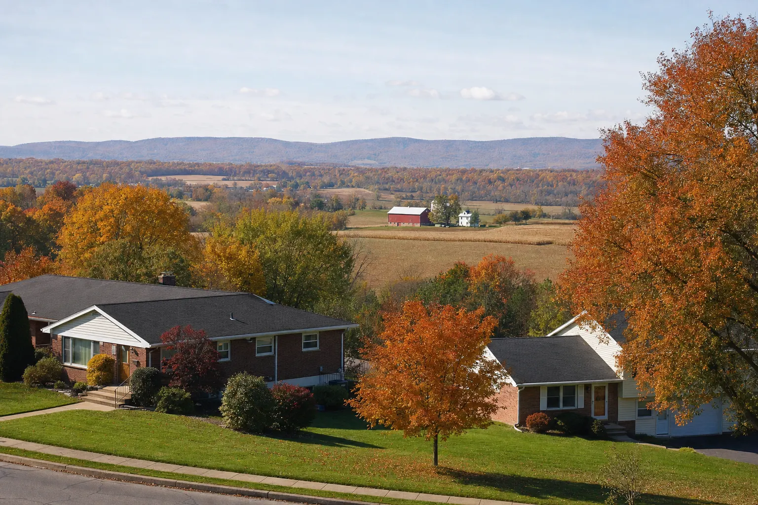 Brick ranch houses under maples in fall color with farm fields, a red barn and the county ridge beyond