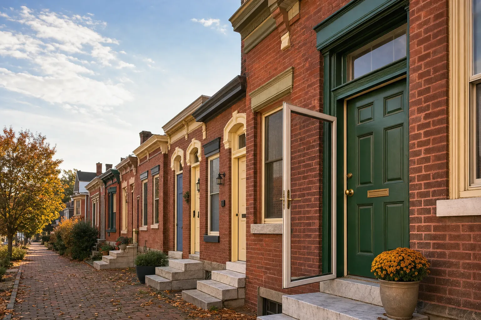 A green front door with brass deadbolt and knob on a red-brick rowhome in York, Pennsylvania, late afternoon