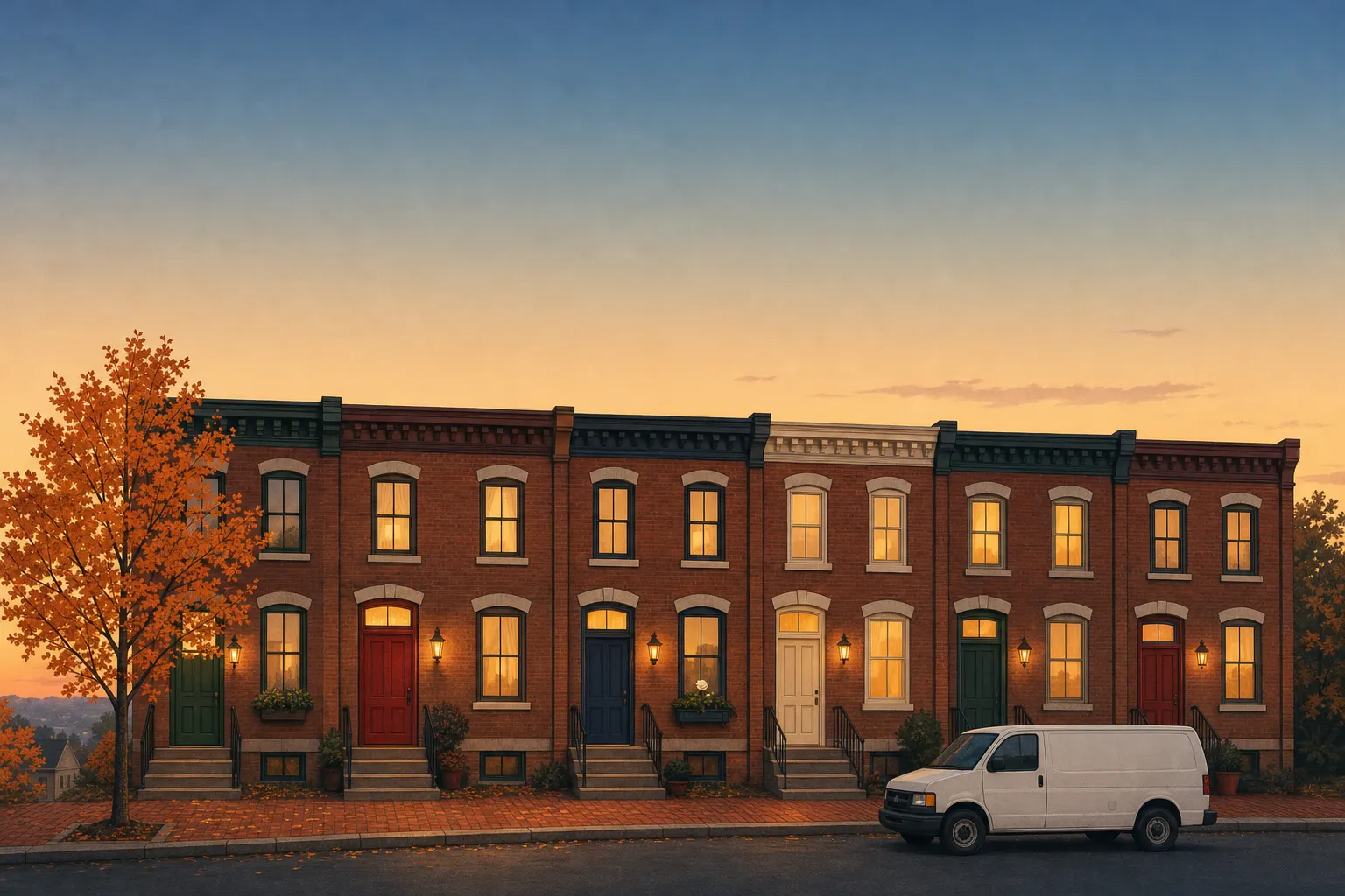 Illustration of a block of two-story brick rowhomes in York at dusk, each front door a different color, porch lights on